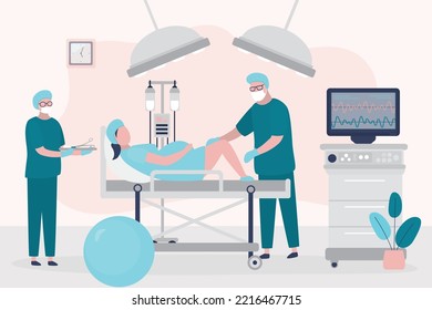 Ärztin, die unter Epiduralanästhesie für schwangere Frauen eine Kaiserabteilung durchführt. Chirurgie, Konzept. Klinikraum-Inneneinrichtung. Obstetrie und Gynäkologie. Geburt des Kindes. Mutterschaft, Kindheit. Flachvektor