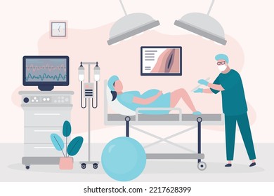 Doctor performing caesarean section for pregnant woman under epidural anesthesia. Surgery, clinic room interior with furniture. Obstetrics and gynecology. Birth of child. Maternity, childhood. vector