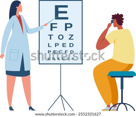Doctor performing eye exam, checking patient vision with snellen chart, covering one eye and reading letters during medical consultation in ophthalmology clinic