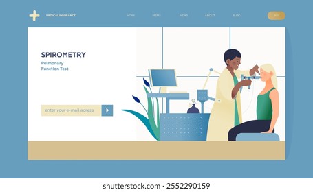 Doctor Performing Spirometry on Patient in Medical Office or Laboratory. Modern Flat Vector Concept Illustration. Respiratory Diseases. Landing Page Design Template. Website Banner.