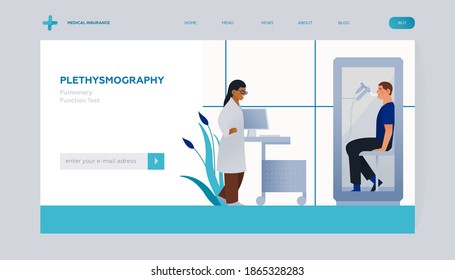 Doctor Performing Whole Body Plethysmography on Patient in Medical Office or Laboratory. Modern Flat Vector Concept Illustration. Respiratory Diseases. Landing Page Design Template. Website Banner.