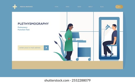 Doctor Performing Whole Body Plethysmography on Patient in Medical Office or Laboratory. Modern Flat Vector Concept Illustration. Respiratory Diseases. Landing Page Design Template. Website Banner.