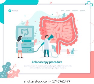 A doctor performs colonoscopy, diagnostics of the intestine. Landing design template. Medical flat vector illustration.