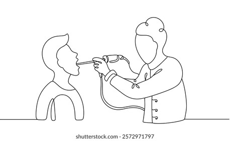 The doctor performs laryngoscopy using a special instrument. Examination of the patient's larynx for pathological changes. Continuous line medical vector illustration.