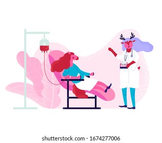 The Doctor Performs The Patient's Blood Transfusion Procedure In A Hospital Setting.  Animal Character In The Process Of Diagnosis And Treatment Measures. Vector Illustration Design Concept.