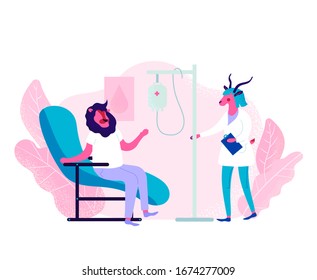 The Doctor Performs The Patient's Blood Transfusion Procedure In A Hospital Setting.  Animal Character In The Process Of Diagnosis And Treatment Measures. Vector Illustration Design Concept.