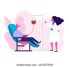 The Doctor Performs The Patient's Blood Transfusion Procedure In A Hospital Setting.  Animal Character In The Process Of Diagnosis And Treatment Measures. Vector Illustration Design Concept.