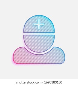 doctor, person with medical cross. Colored logo with diagonal lines and blue-red gradient. Neon graphic, light effect