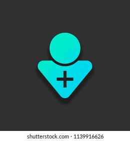 doctor, person with medical cross. Colorful logo concept with soft shadow on dark background. Icon color of azure ocean