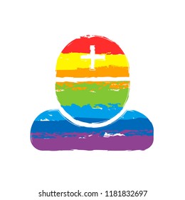 doctor, person with medical cross. Drawing sign with LGBT style, seven colors of rainbow (red, orange, yellow, green, blue, indigo, violet