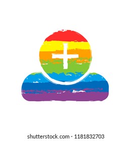 doctor, person with medical cross. Drawing sign with LGBT style, seven colors of rainbow (red, orange, yellow, green, blue, indigo, violet