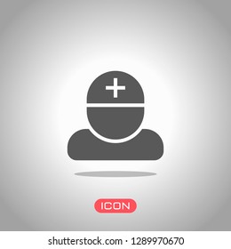 doctor, person with medical cross. Icon under spotlight. Gray background