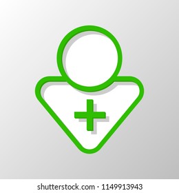 doctor, person with medical cross. Paper style. Cut symbol with green bold contour on shape and simple shadow