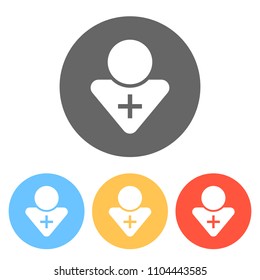 doctor, person with medical cross. Set of white icons on colored circles