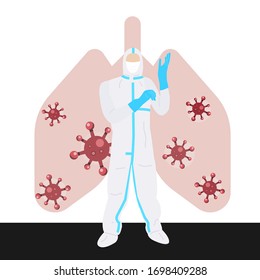 The doctor in Personal Protective Equipment or PPE suit stand in front of a lung infection background vectors and illustration