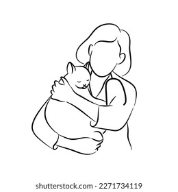 Doctor and pet illustration in line hand drawn style.Veterinary sketch vector illustration.