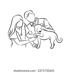 Doctor and pet illustration in line hand drawn style.Veterinary sketch vector illustration.