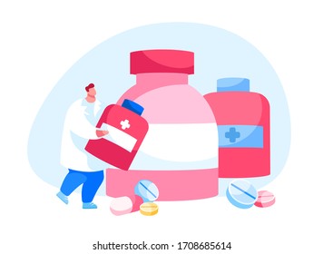 Doctor Pharmacist Character in Medical Robe Holding Pills Bottle with Scattered Medication Tablets around. Disease Treatment in Hospital, Healthcare Medicine Service. Cartoon Vector Illustration