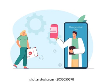 Doctor and pharmacist collaborating flat vector illustration. Pharmaceutical representative handing out medicines to health worker through screen. Health, pharmaceuticals, treatment, medicine concept