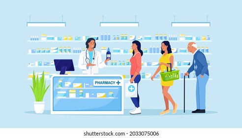 Doctor pharmacist consulting patient in pharmacy store. Customers standing in queue, shelves with medicines on background. People buying medication in pharmacy. Pharmaceutical Industry