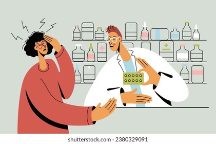 Doctor Pharmacist Consulting Patient in Pharmacy Store. Illness woman buying pills. Pharmaceutical Industry.