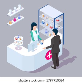 Doctor pharmacist and customer in pharmacy shop, isometric vector illustration. Drugstore interior with counter, pharmacy medical store shelves pharmaceutical racks full of drugs.