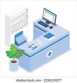 Doctor pharmacist and customer in pharmacy shop, isometric vector illustration. Drugstore interior with counter, pharmacy medical store shelves pharmaceutical racks full of drugs.