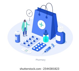 Farmacéutico en farmacia comprando píldoras, botellas, medicamentos, suministros médicos. Tienda de farmacia y concepto de medicina en línea. Ilustración vectorial isométrica plana.