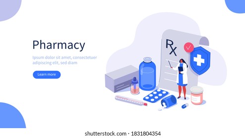 Doctor Pharmacist in Drugstore points on Medical Prescription. Medicine Pills, Capsules and Bottles Lying near. Health Care and Pharmacy Concept.  Flat Isometric Vector Illustration.