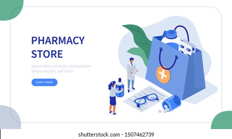 Doctor Pharmacist in Drugstore Standing near Medicine Bag with Pills and Bottles. Medical Staff looking at Prescription and Choosing Medicaments. Pharmacy Concept. Flat Isometric Vector Illustration.