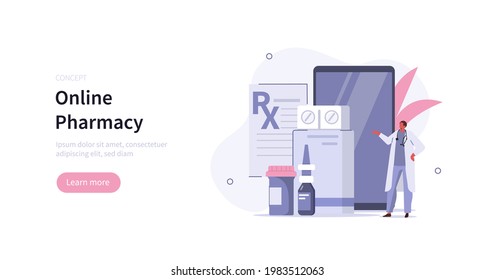 Doctor pharmacist in drugstore standing near smartphone and presenting medicine pills and bottles. Online pharmacy store concept. Flat cartoon vector illustration.