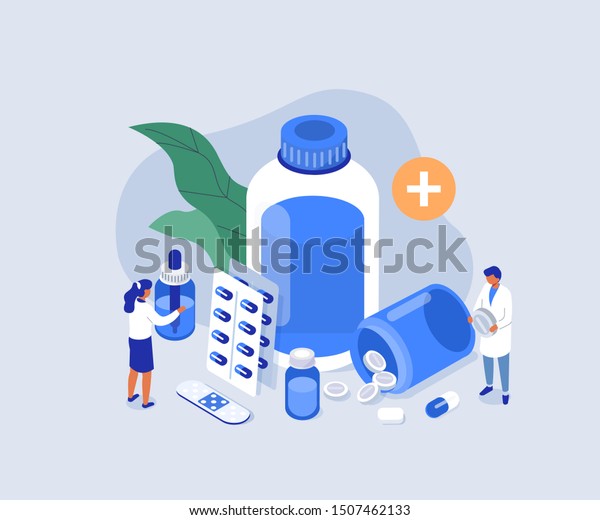 Doctor Pharmacist in\
Drugstore Standing near Medicine Pills and Bottles. Medical Staff \
Choosing Medicaments. Pharmacy Store Concept. Flat Isometric Vector\
Illustration.