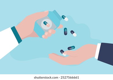 Doctor or pharmacist hand give tablets or pills. Pharmaceutical and medical care. Hand holding bottle with medications in hand. Healthcare concept. Take painkillers drugs. Flat vector illustration