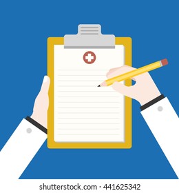doctor or pharmacist hand writing document or prescription on clipboard illustration , flat design