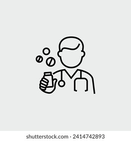 Doctor Pharmacist Holding Medications Pills Bottle Vector Line Icon