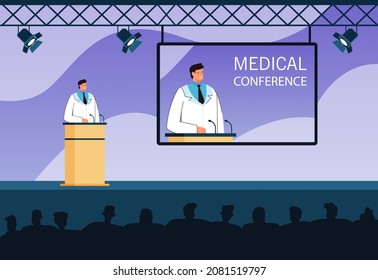 Médico o farmacéutico haciendo presentaciones en conferencia médica. Siluetas de ilustración vectorial plana de la audiencia. Medicina, salud, concepto de comunicación para banner, diseño de sitios web o página de inicio