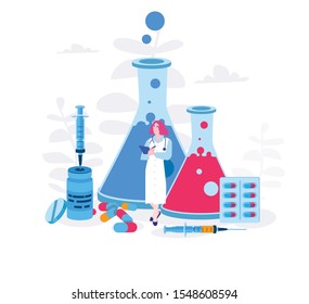 Doctor Pharmacist near medicine and  pills, Drugstore online, consultant in Pharmacy. Vector illustration.for web banner, infographics, mobile website.