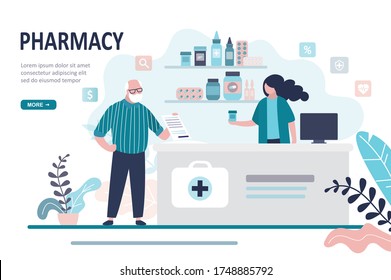 Doctor pharmacist and old man patient in drugstore. Elderly male client buying medication in pharmacy. Healthcare and shopping concept. Landing page, website design banner. Trendy vector illustration