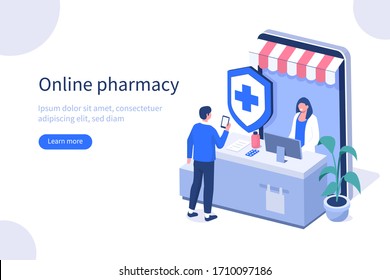 Doctor Pharmacist in Online Drugstore. Character Buying in Online Pharmacy Store. Man Standing near Cashier Desk and Talking with Pharmacy Staff.  Flat Isometric Vector Illustration. 