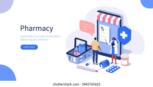 Doctor Pharmacist in Online Drugstore giving Prescription to Patient. Medicine Pills and Bottles in Shopping Basket. Pharmacy Store Concept.  Flat Isometric Vector Illustration.