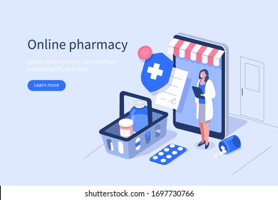 Doctor Pharmacist In Online Drugstore Standing Near Smartphone.  Medicine Pills And Bottles In Shopping Basket. Pharmacy Store Concept.  Flat Isometric Vector Illustration.