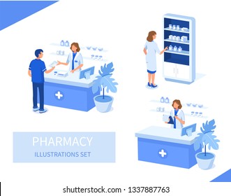 Doctor Pharmacist And Patient In Drugstore. Can Use For Web Banner, Infographics, Hero Images. Flat Isometric Vector Illustration Isolated On White Background.