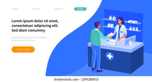 Doctor pharmacist and patient in drugstore. Can use for web banner, infographics, hero images. Flat isometric vector illustration isolated on white background.