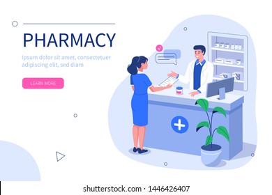 Doctor pharmacist and patient in drugstore. Can use for web banner, infographics, hero images. Flat isometric vector illustration isolated on white background.