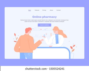 Doctor pharmacist and patient in drugstore. Landing page template for online pharmacy. Flat vector illustration.