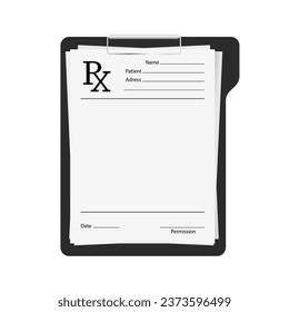 Arzt und Apotheker RX Notes Pad oder Medikationspapier. Rx verschreibungspflichtiges Rezept, einzeln auf weißem Hintergrund. Form einer regelmäßigen Verschreibung. Geschäftskonzept Papier. Vektorgrafik