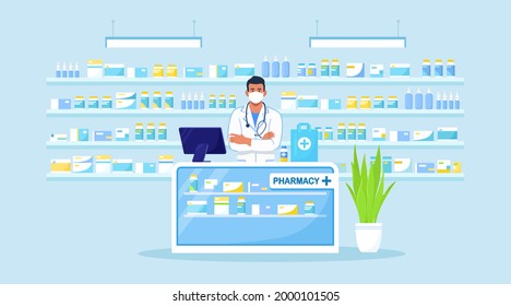 Doctor pharmacist standing behind the counter in the pharmacy. Drugstore interior. Pharmaceutical Industry. Vector illustration