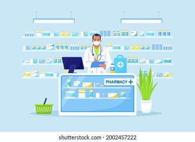 Doctor pharmacist standing behind the counter in the pharmacy. Drugstore interior. Pharmaceutical Industry. Vector illustration