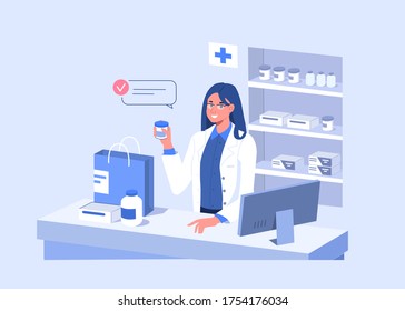 Doctor Pharmacist Standing at Cashier Desk and Holding Medicament. Near Standing Shopping Bag with Pills and Bottles. Purchases in Pharmacy Store Concept. Flat Cartoon Vector Illustration. 