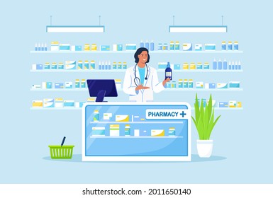 Doctor pharmacist standing at cashier desk and holding medicament in hand. Near shelves with pills and bottles. Drugstore interior. Purchases in Pharmacy Store. Vector illustration